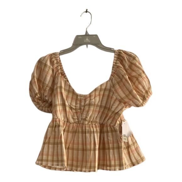 NWT BP beige and pink plaid short sleeve top Size S 100% cotton - Picture 2 of 7